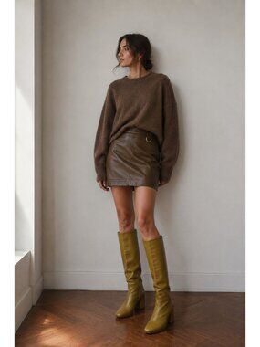 Kenneth Cole Brown 100% Sheep Nappa Leather Mini Skirt Women's XXS Side Zip Y2K